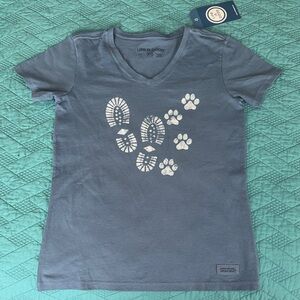 Life Is Good Slate T-Shirt with Boot Tracks and Paw Prints